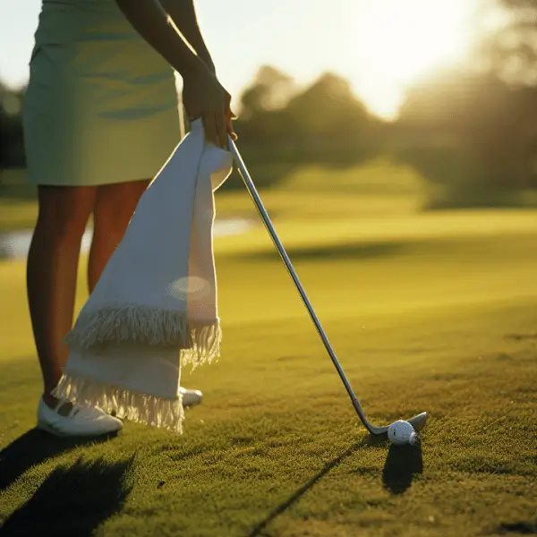 girls stands with golf club and cleanes it